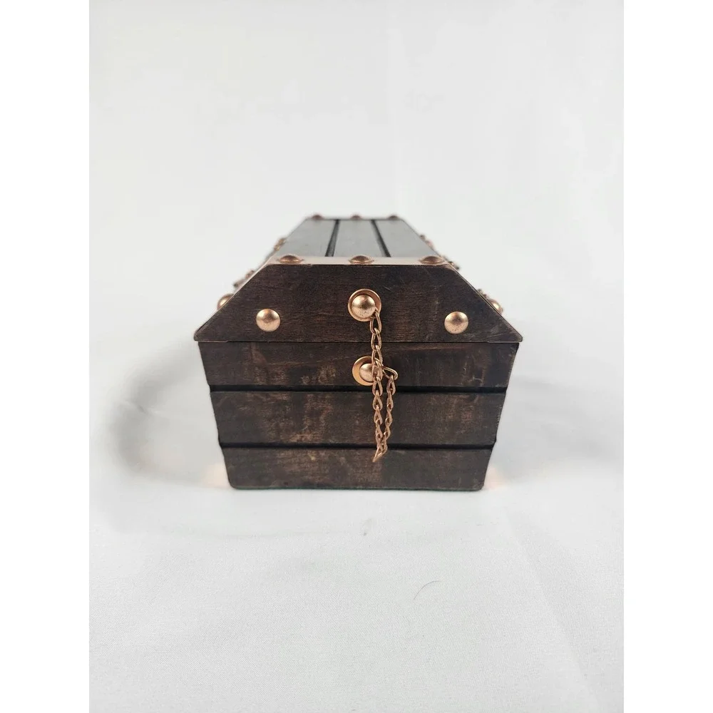 Vintage Wooden Treasure Chest Jewelry Box Japan Copper Accents Velvet Lining